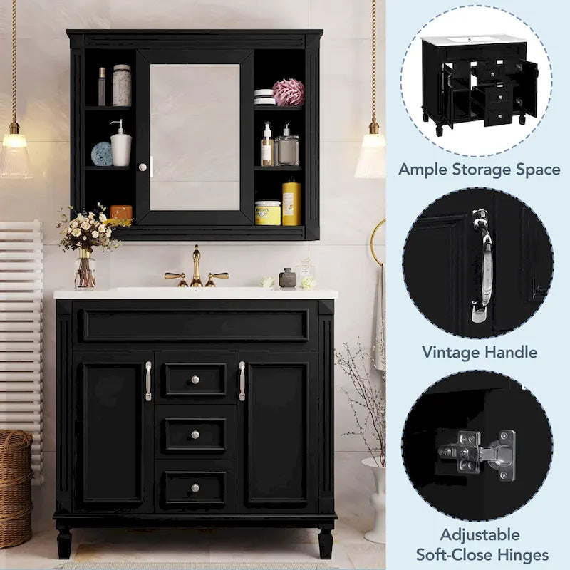 36 Bathroom Vanity with Top Sink, Modern Bathroom Storage Cabinet with 2 Soft Closing Doors, 2 Drawers and Single Sink