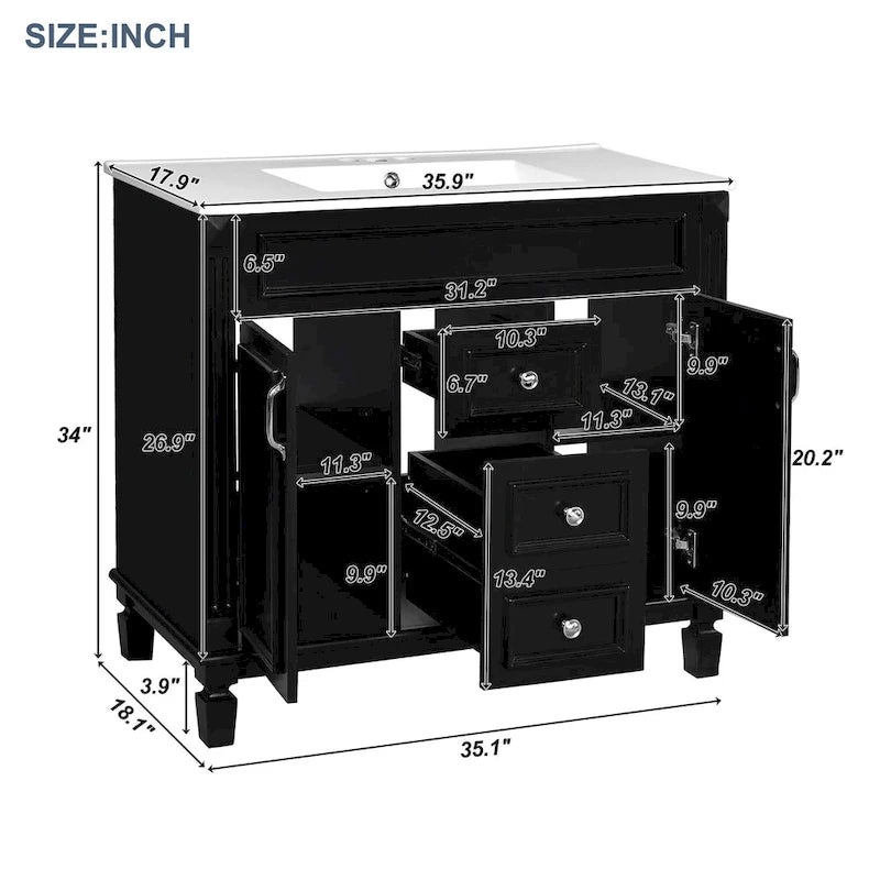 36 Bathroom Vanity with Top Sink, Modern Bathroom Storage Cabinet with 2 Soft Closing Doors, 2 Drawers and Single Sink