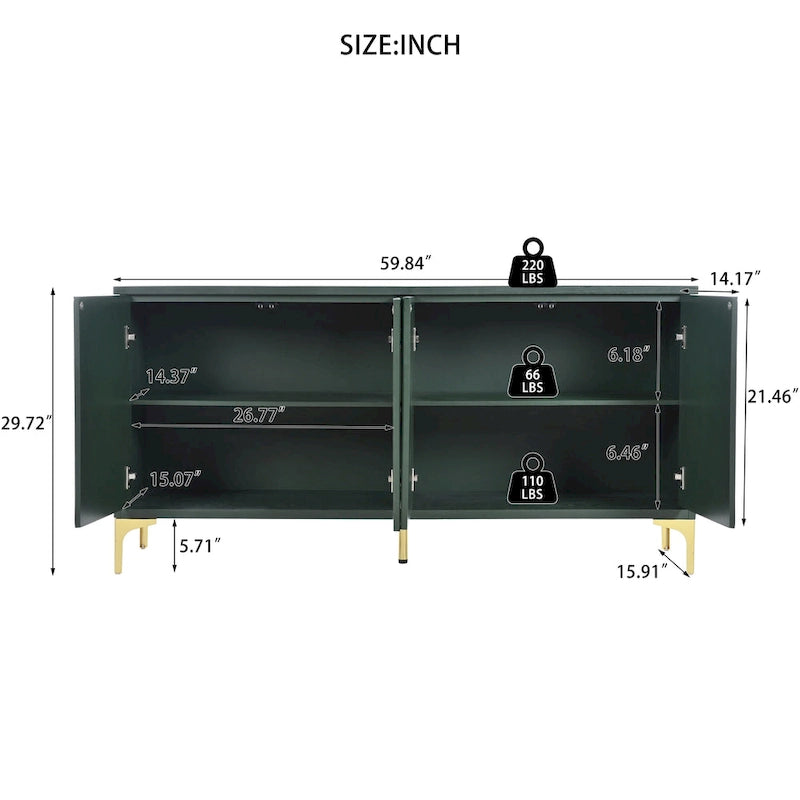 4 Doors Sideboard Buffet Cabinet with Carved Door Panels & Adjustable Shelves