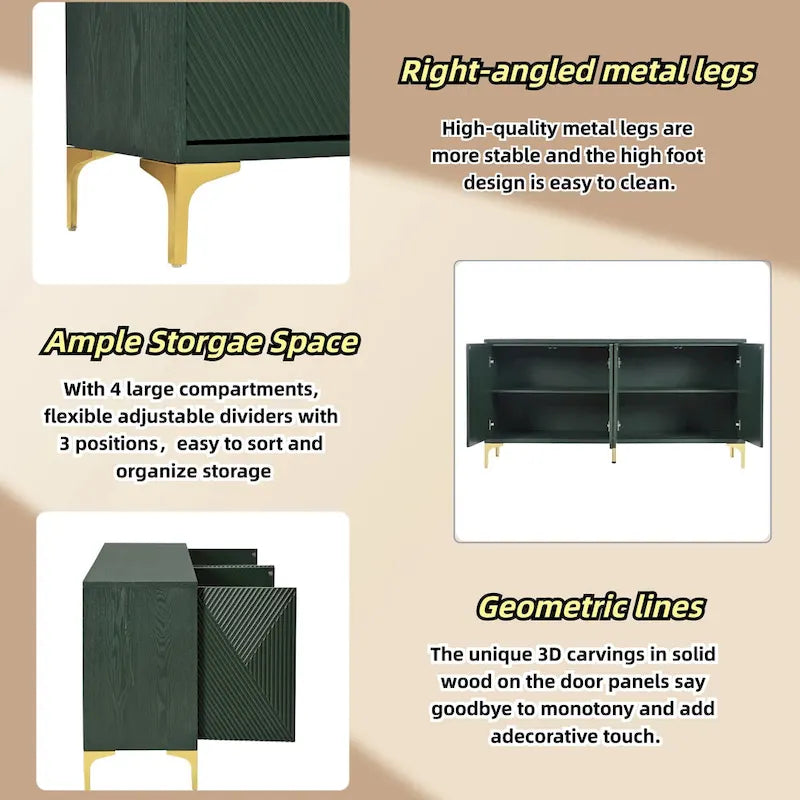 4 Doors Sideboard Buffet Cabinet with Carved Door Panels & Adjustable Shelves