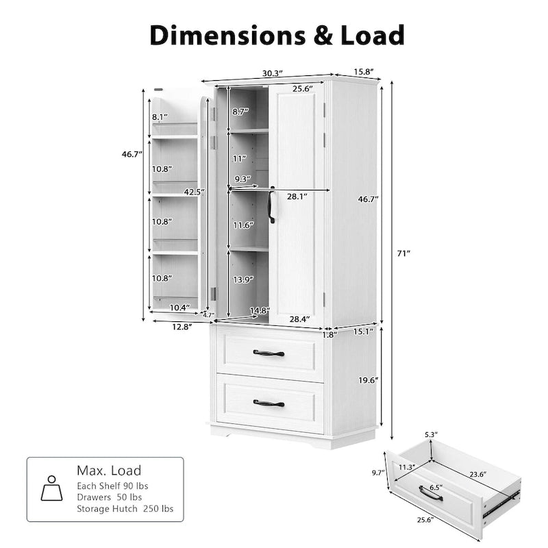 71 Tall Kitchen Pantry Cabinet, Freestanding Cupboard Storage Cabinet with 2 Drawers, Kitchen Hutch Cabinet