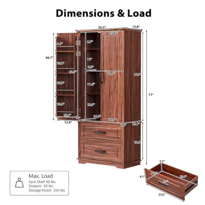 71 Tall Kitchen Pantry Cabinet, Freestanding Cupboard Storage Cabinet with 2 Drawers, Kitchen Hutch Cabinet