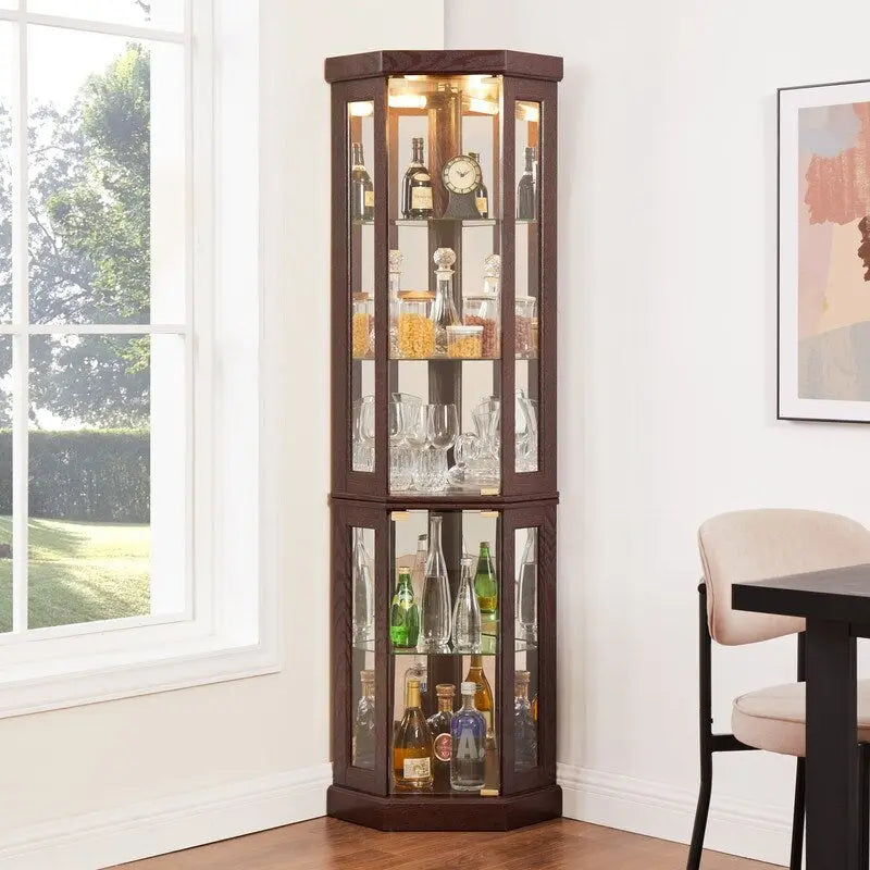 Stylish Corner Display Cabinet with Built-In Lights  Ideal for Showcasing Collectibles, Glassware, or Decor.
