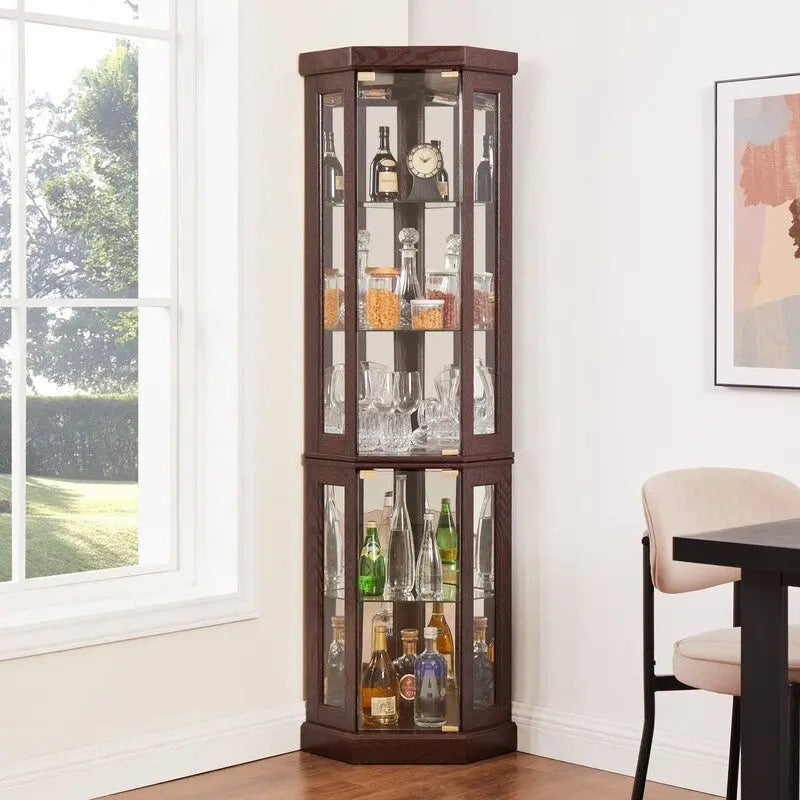 Stylish Corner Display Cabinet with Built-In Lights  Ideal for Showcasing Collectibles, Glassware, or Decor.