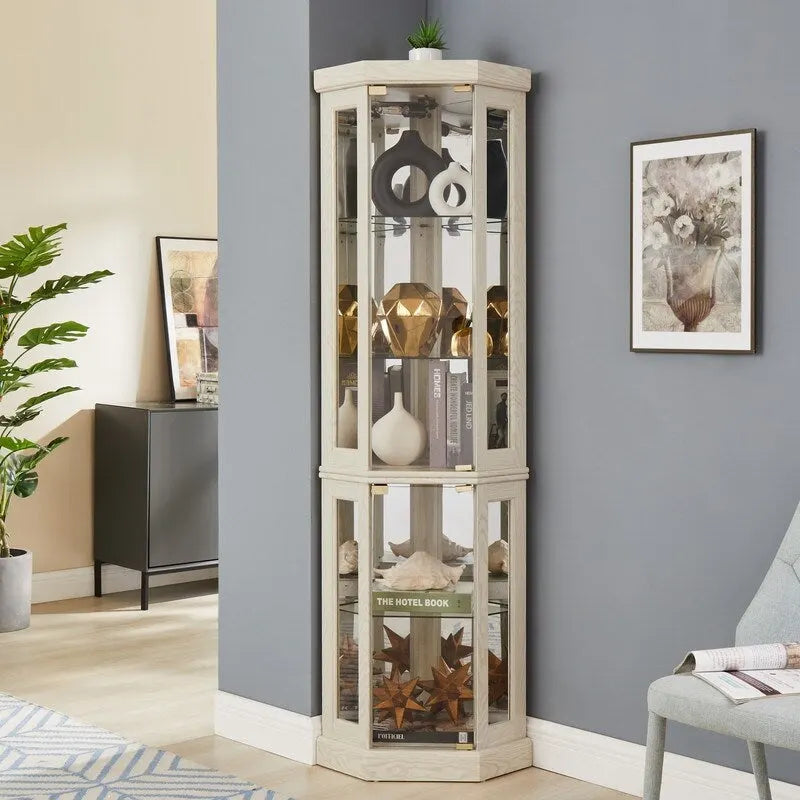 Stylish Corner Display Cabinet with Built-In Lights  Ideal for Showcasing Collectibles, Glassware, or Decor.
