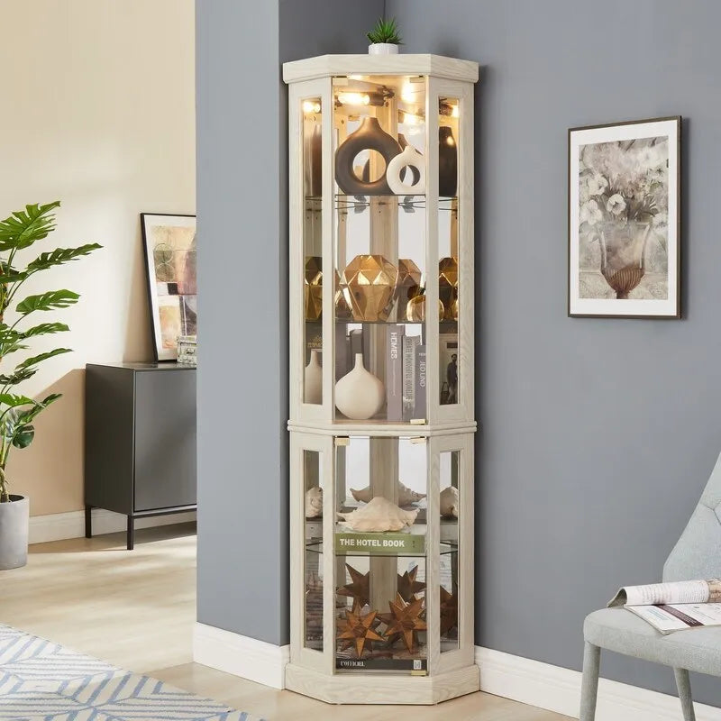 Stylish Corner Display Cabinet with Built-In Lights  Ideal for Showcasing Collectibles, Glassware, or Decor.