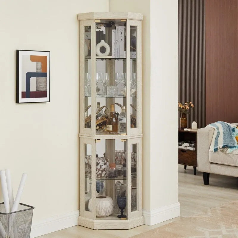 Stylish Corner Display Cabinet with Built-In Lights  Ideal for Showcasing Collectibles, Glassware, or Decor.