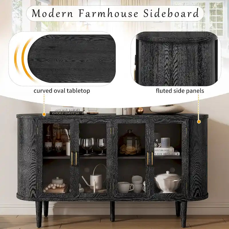 Farmhouse Sideboard Storage Cabinet, Wood Buffet Cabinet Coffee Bar Cabinet Display Case with Glass Doors & Adjustable Shelves
