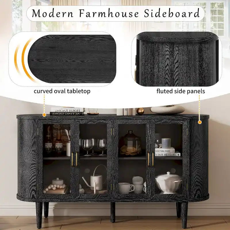 Farmhouse Sideboard Storage Cabinet, Wood Buffet Cabinet Coffee Bar Cabinet Display Case with Glass Doors & Adjustable Shelves