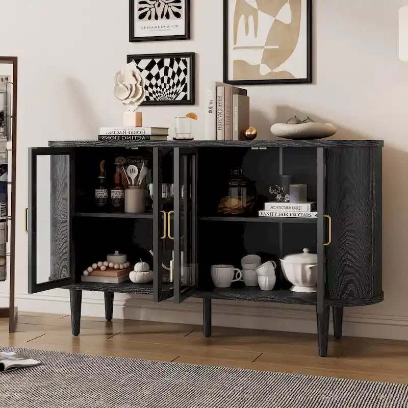 Farmhouse Sideboard Storage Cabinet, Wood Buffet Cabinet Coffee Bar Cabinet Display Case with Glass Doors & Adjustable Shelves
