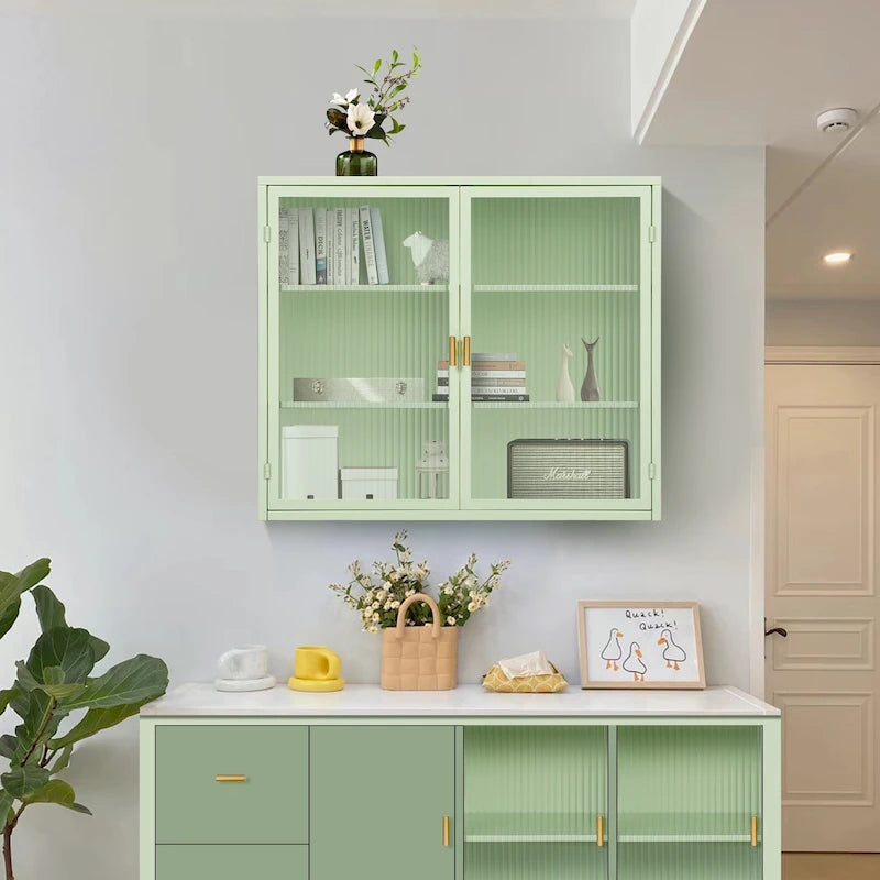 Modern Wall Cabinet with Glass Doors and Storage Shelves for Entryway, Living Room, Bathroom