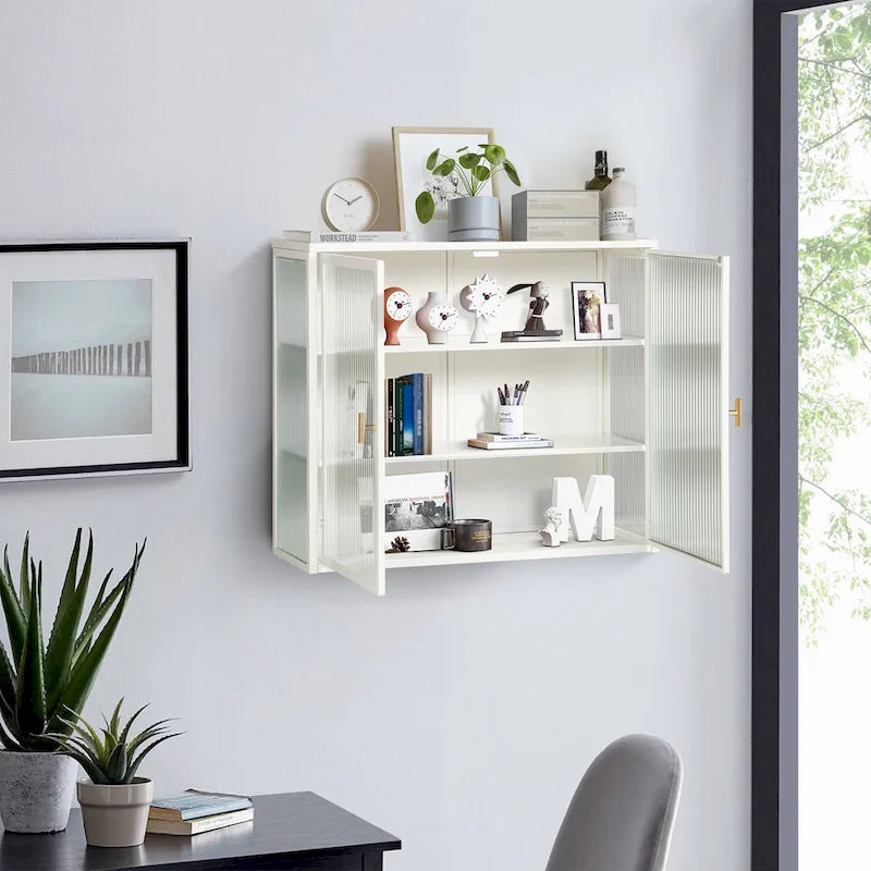 Modern Wall Cabinet with Glass Doors and Storage Shelves for Entryway, Living Room, Bathroom