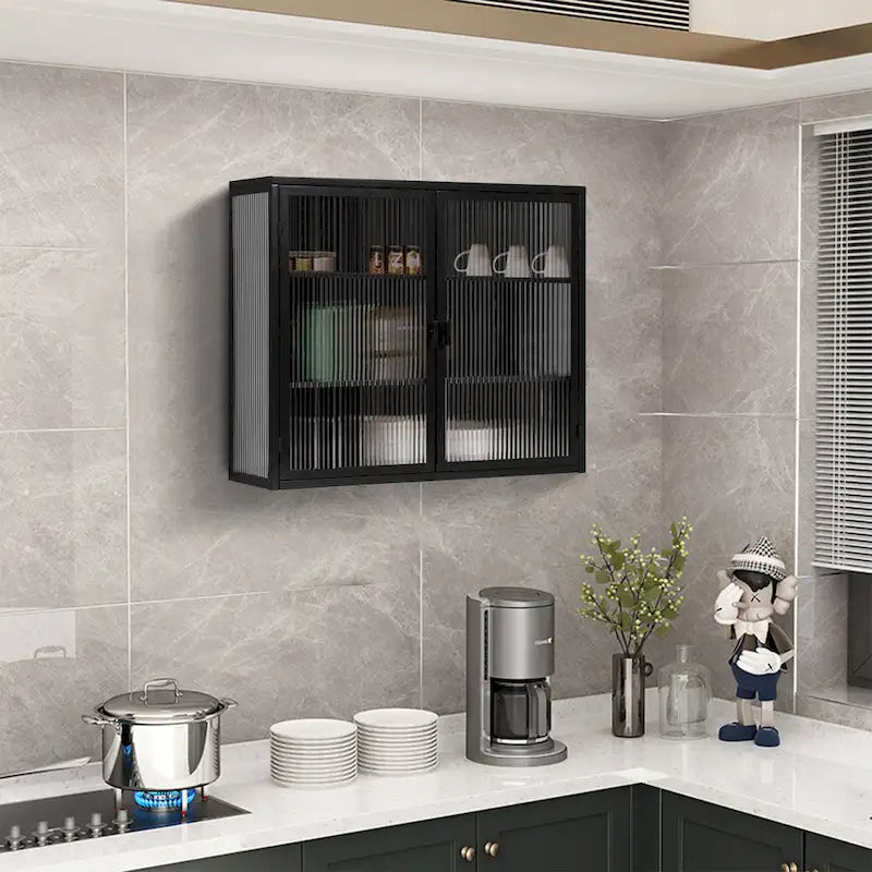 Modern Wall Cabinet with Glass Doors and Storage Shelves for Entryway, Living Room, Bathroom