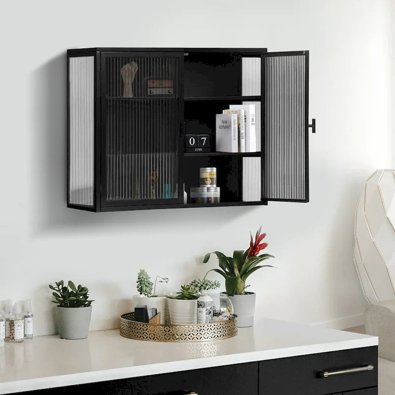 Modern Wall Cabinet with Glass Doors and Storage Shelves for Entryway, Living Room, Bathroom