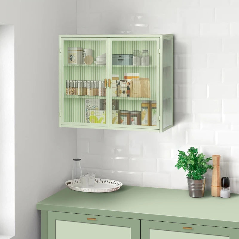 Modern Wall Cabinet with Glass Doors and Storage Shelves for Entryway, Living Room, Bathroom