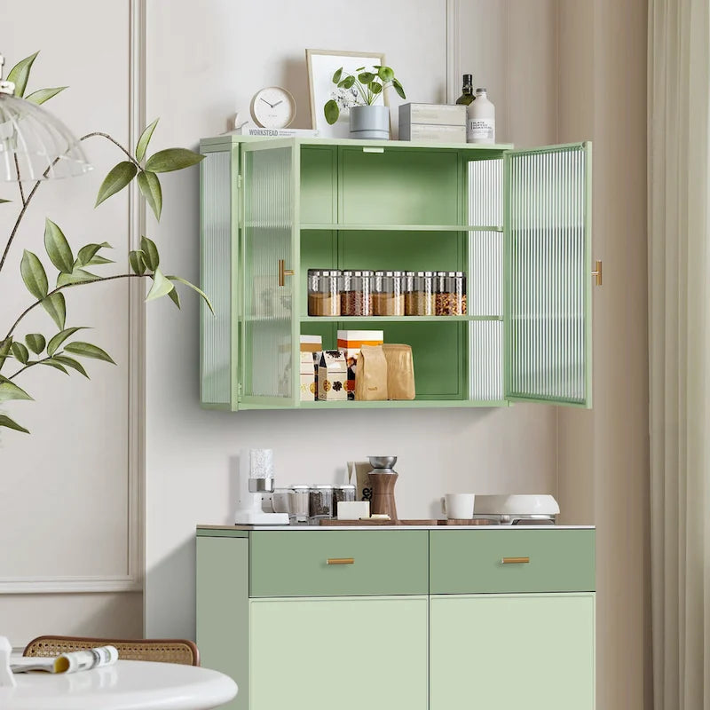 Modern Wall Cabinet with Glass Doors and Storage Shelves for Entryway, Living Room, Bathroom