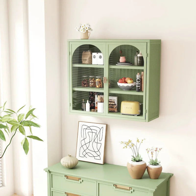 Modern Two-door Wall Cabinet with Glass Doors and Detachable Shelves for Entryway, Living Room, Bathroom