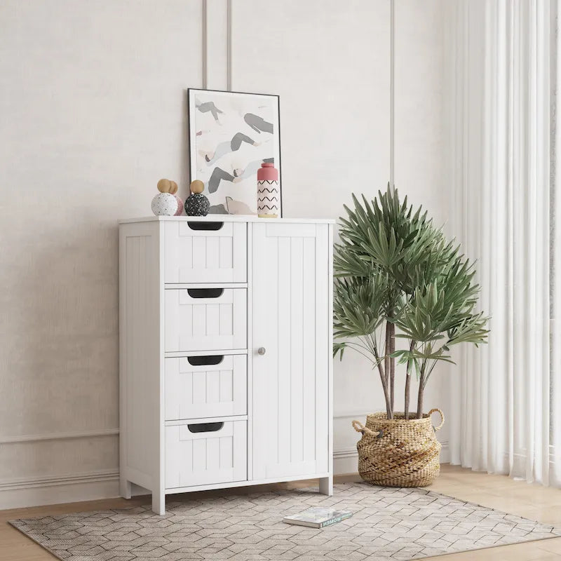 White Bathroom Storage Cabinet, Floor Cabinet with Adjustable Shelf and Drawers