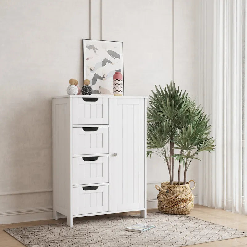 White Bathroom Storage Cabinet, Floor Cabinet with Adjustable Shelf and Drawers