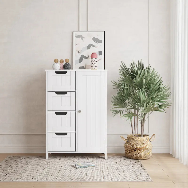 White Bathroom Storage Cabinet, Floor Cabinet with Adjustable Shelf and Drawers