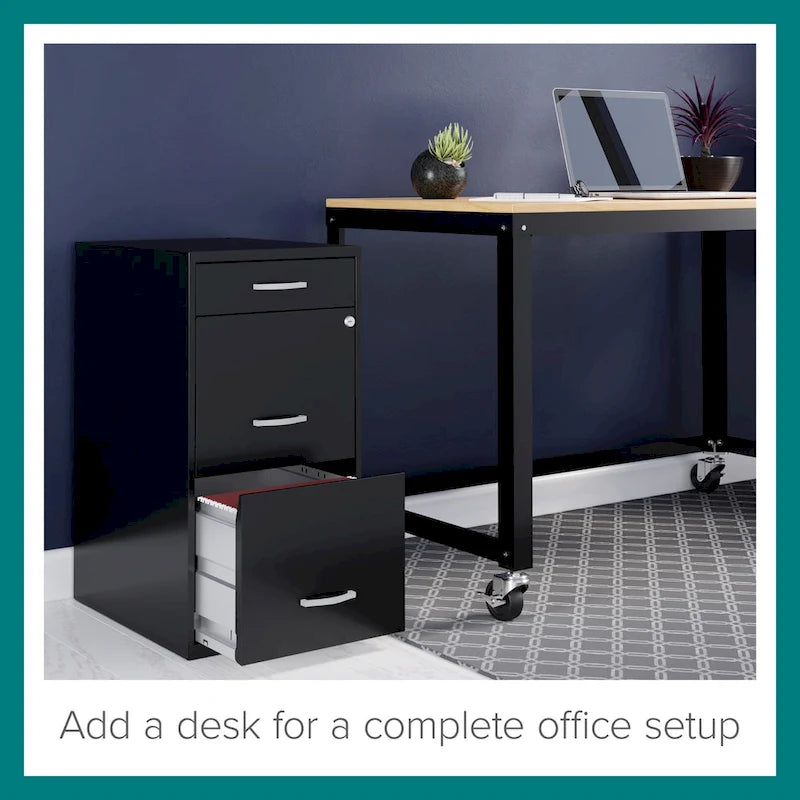18" Deep 3 Drawer Metal File Cabinet, Black