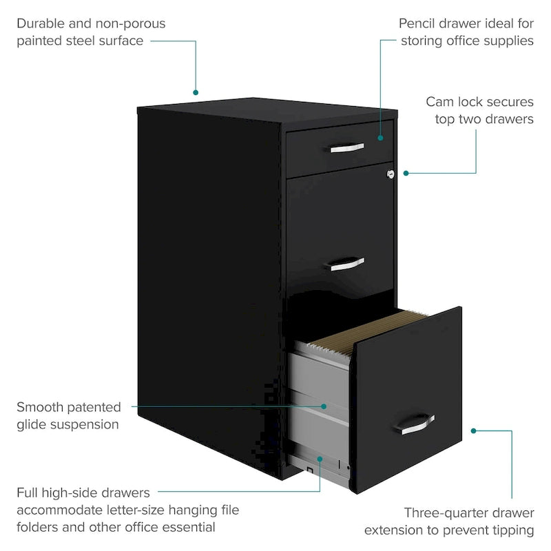 18" Deep 3 Drawer Metal File Cabinet, Black
