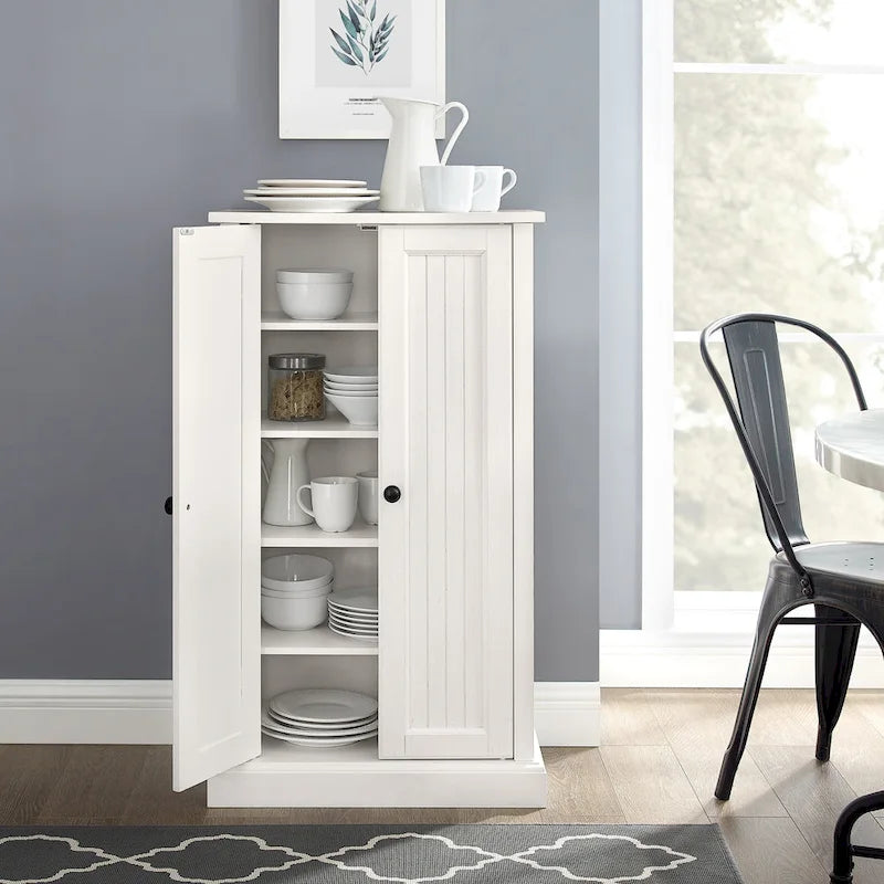 Distressed White Accent Cabinet with Beadboard Doors