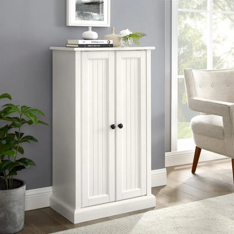 Distressed White Accent Cabinet with Beadboard Doors