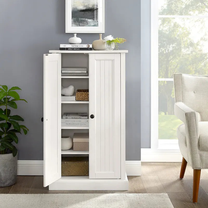 Distressed White Accent Cabinet with Beadboard Doors