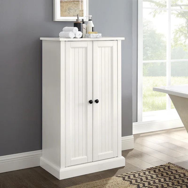 Distressed White Accent Cabinet with Beadboard Doors