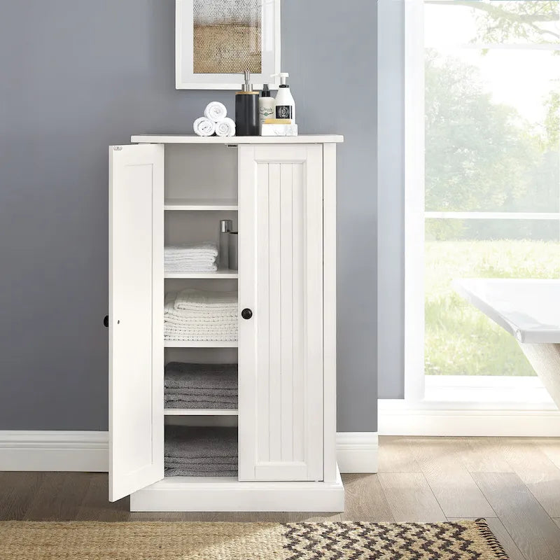 Distressed White Accent Cabinet with Beadboard Doors