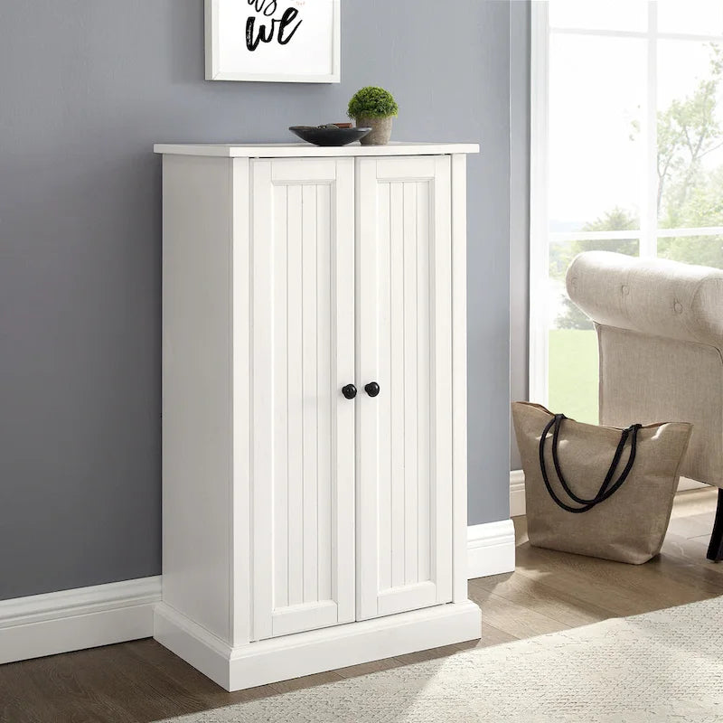 Distressed White Accent Cabinet with Beadboard Doors