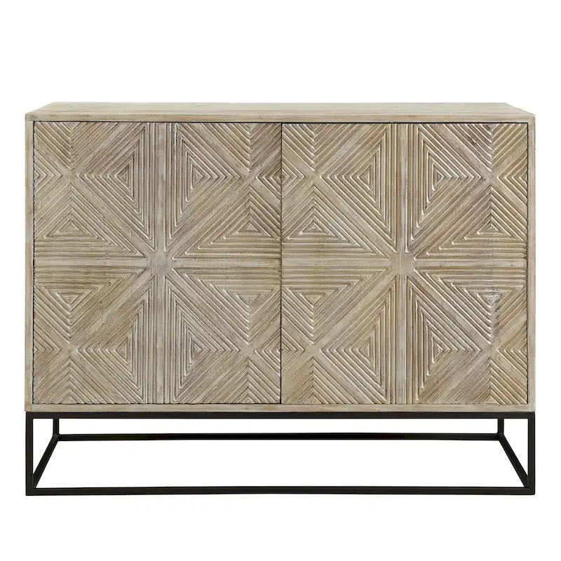 42" Mango Wood Carved 4-Door Sideboard with Iron Base