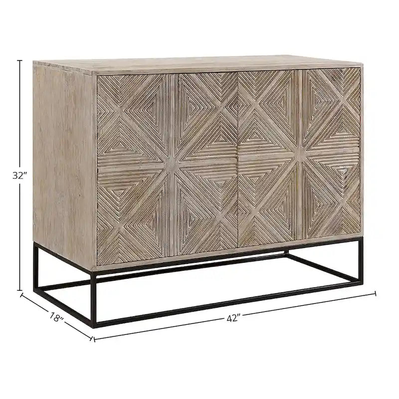 42" Mango Wood Carved 4-Door Sideboard with Iron Base