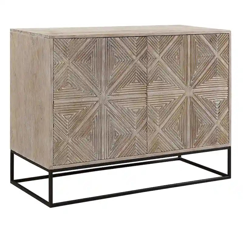 42" Mango Wood Carved 4-Door Sideboard with Iron Base
