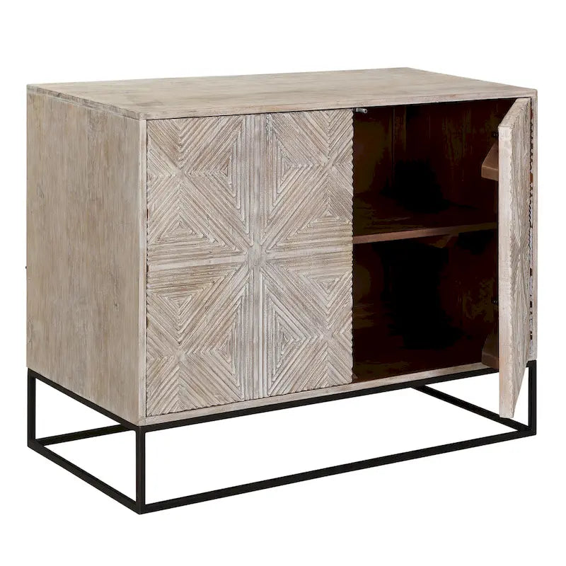 42" Mango Wood Carved 4-Door Sideboard with Iron Base