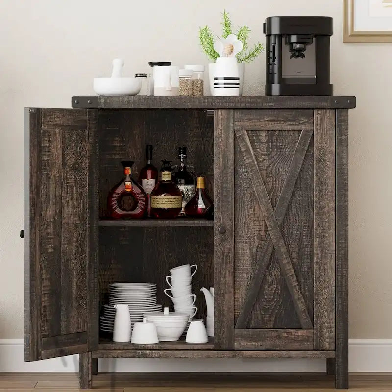 Farmhouse Buffet Cabinet with Storage Shelves, Brown