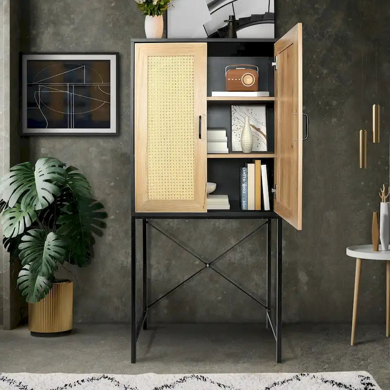 59 High Elegant Cabinet With 2 Rattan Doors