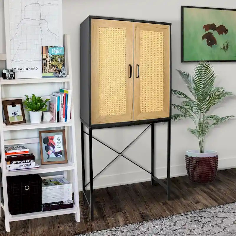 59 High Elegant Cabinet With 2 Rattan Doors