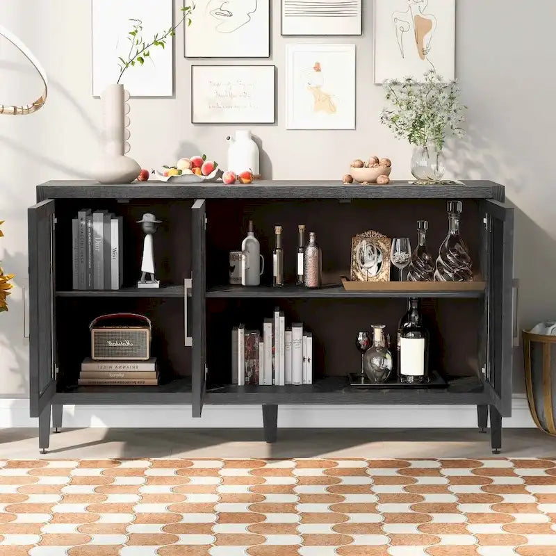 Wood Storage Cabinet with Three Tempered Glass Doors and Adjustable Shelf,Suitable for Living Room, Study and Entrance