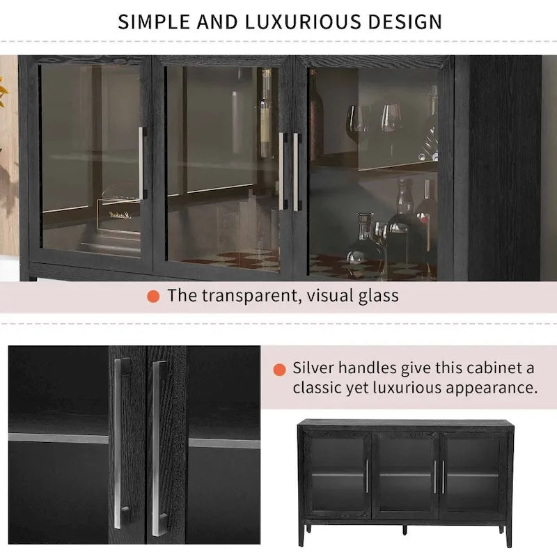 Wood Storage Cabinet with Three Tempered Glass Doors and Adjustable Shelf,Suitable for Living Room, Study and Entrance
