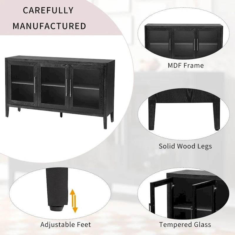 Wood Storage Cabinet with Three Tempered Glass Doors and Adjustable Shelf,Suitable for Living Room, Study and Entrance