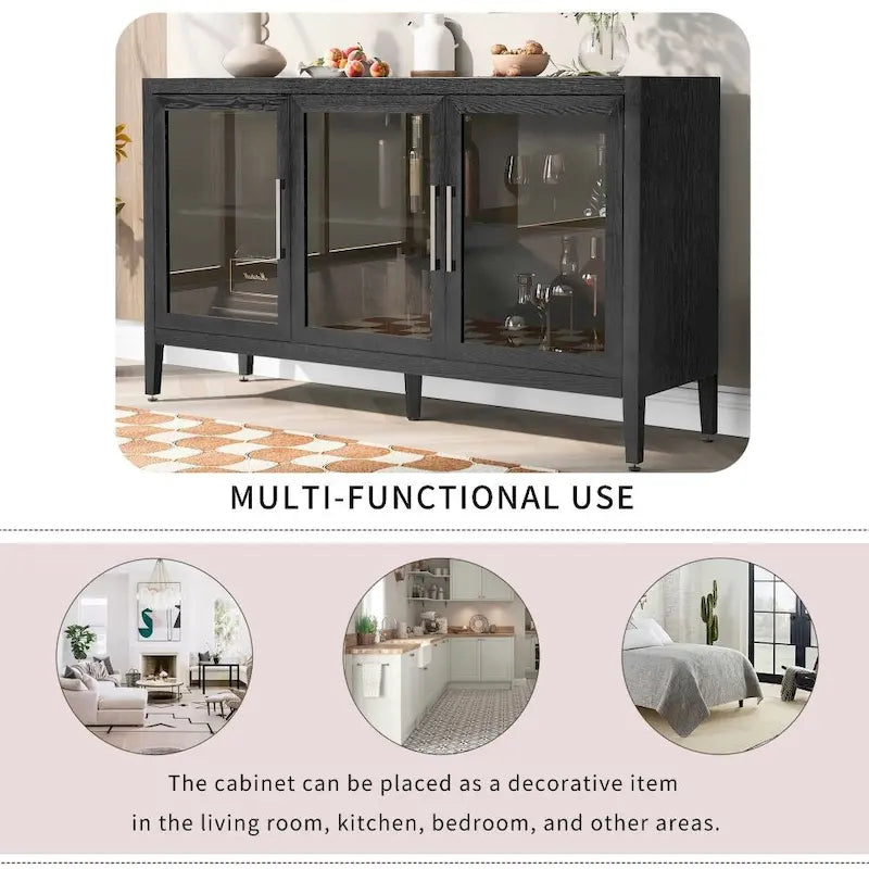 Wood Storage Cabinet with Three Tempered Glass Doors and Adjustable Shelf,Suitable for Living Room, Study and Entrance