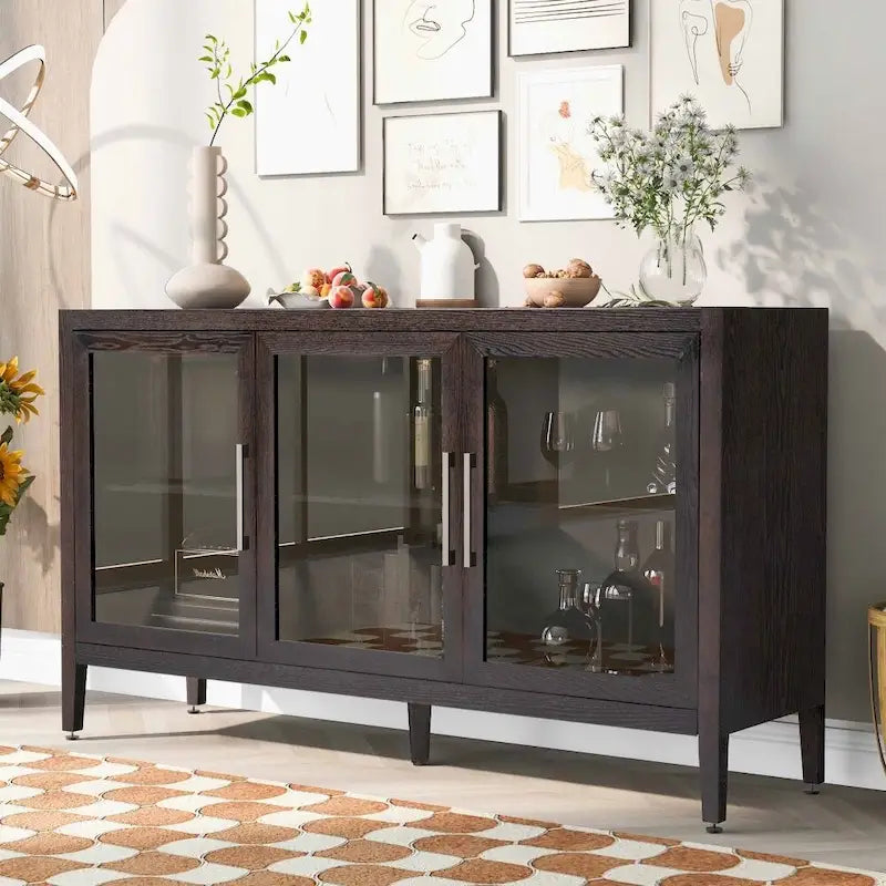Wood Storage Cabinet with Three Tempered Glass Doors and Adjustable Shelf,Suitable for Living Room, Study and Entrance