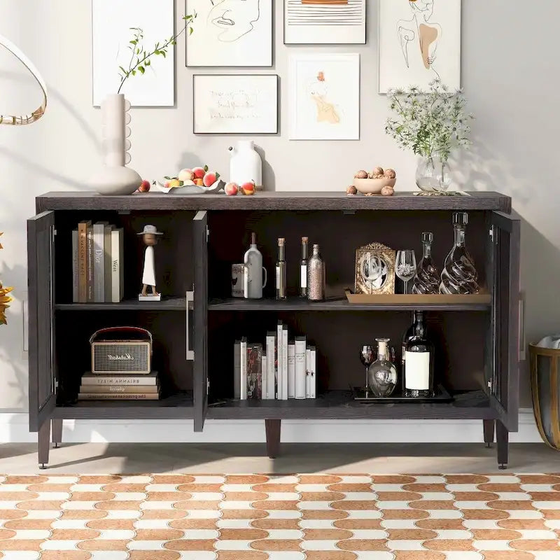 Wood Storage Cabinet with Three Tempered Glass Doors and Adjustable Shelf,Suitable for Living Room, Study and Entrance