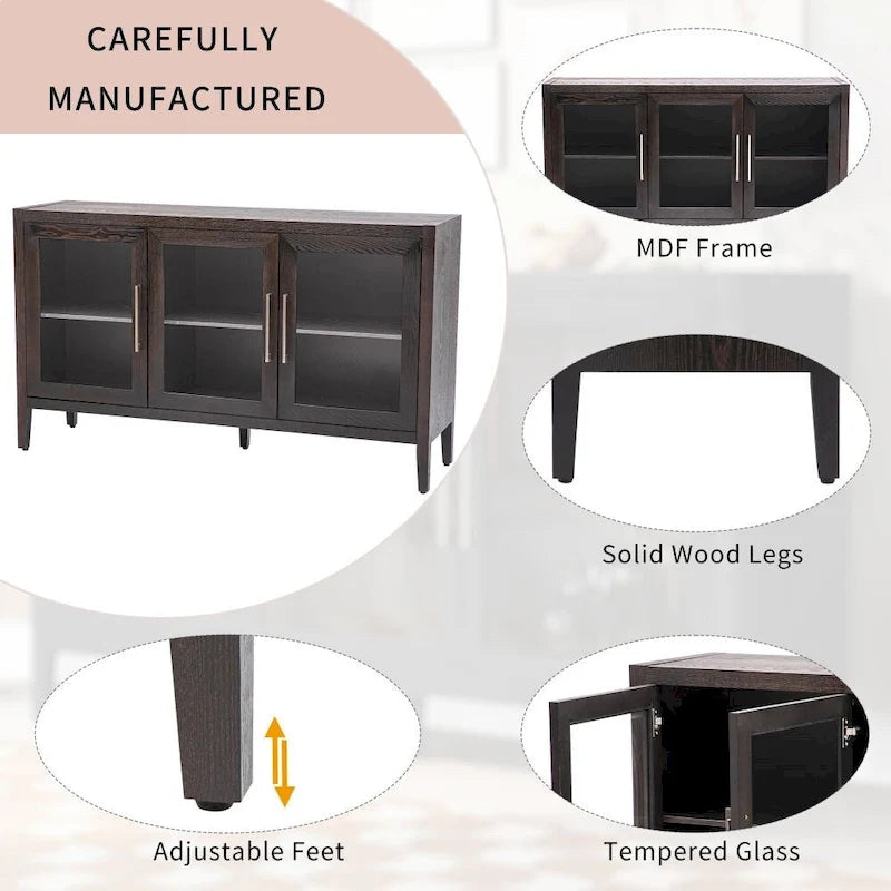 Wood Storage Cabinet with Three Tempered Glass Doors and Adjustable Shelf,Suitable for Living Room, Study and Entrance