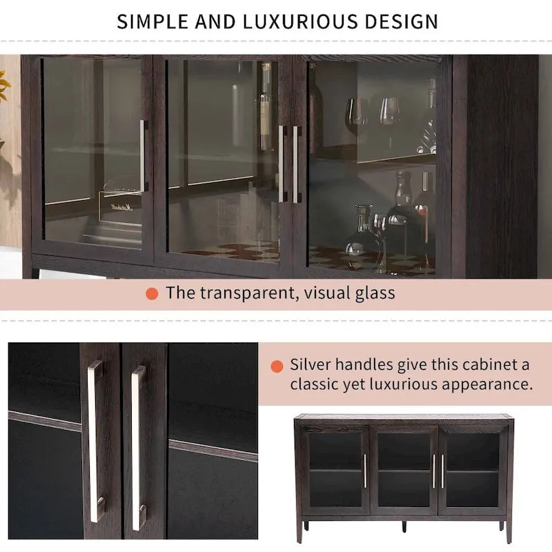 Wood Storage Cabinet with Three Tempered Glass Doors and Adjustable Shelf,Suitable for Living Room, Study and Entrance