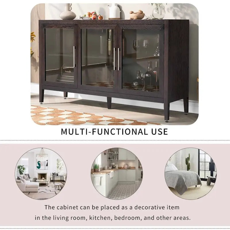 Wood Storage Cabinet with Three Tempered Glass Doors and Adjustable Shelf,Suitable for Living Room, Study and Entrance
