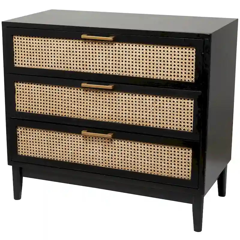 Wood 3-Drawer Cabinet with Cane Front Drawers and Gold Handles