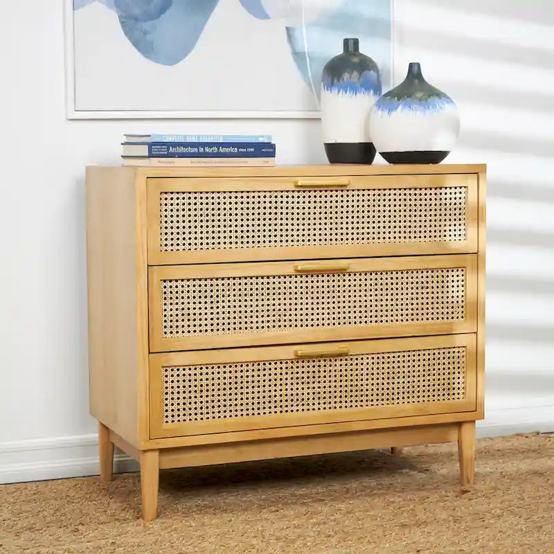 Wood 3-Drawer Cabinet with Cane Front Drawers and Gold Handles